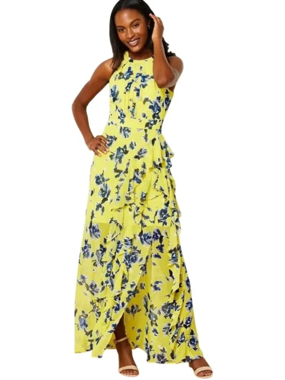 Eliza J Yellow Blue Floral Ruffle Maxi Dress Sz 4